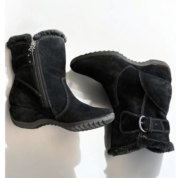 Brilliant Womens Size 8 Black Suede Leather Ankle Snow Boots Zipper Winter - Picture 5 of 12